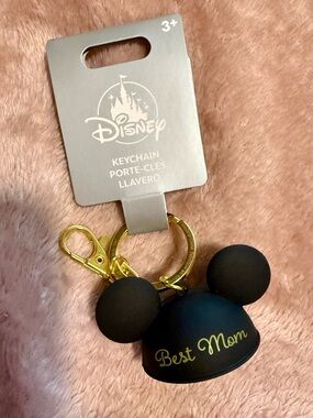 Disney Black Mickey Ear Keychain with Gold Hardware and Red Accent